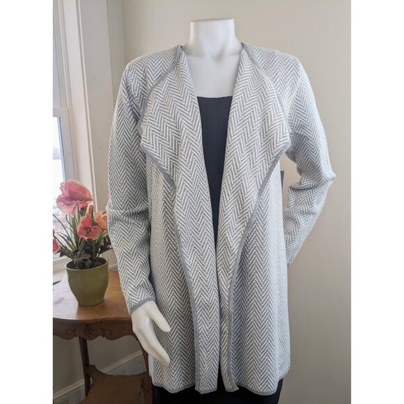 Vince Camuto Cardigan Sweater XL Gray Herringbone Open Front Cotton Draped NEW - Picture 3 of 12